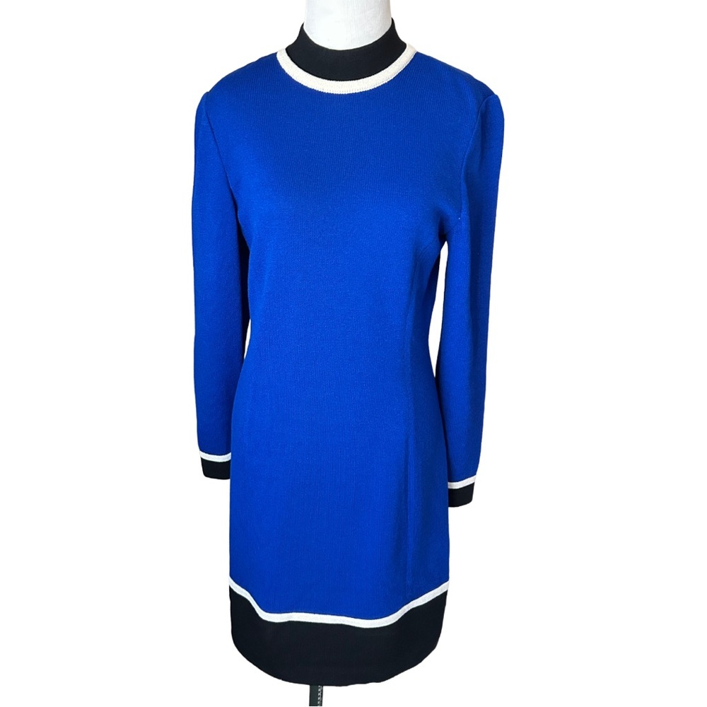 St John Collection vintage blue knit mock neck long sleeve shift dress
